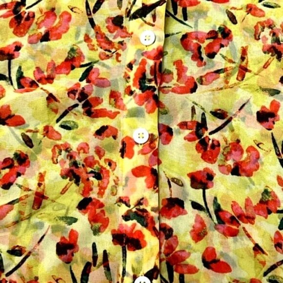 Vince Camuto Yellow Floral Sheer Midi Dress Button Front Side Slits - Picture 6 of 7